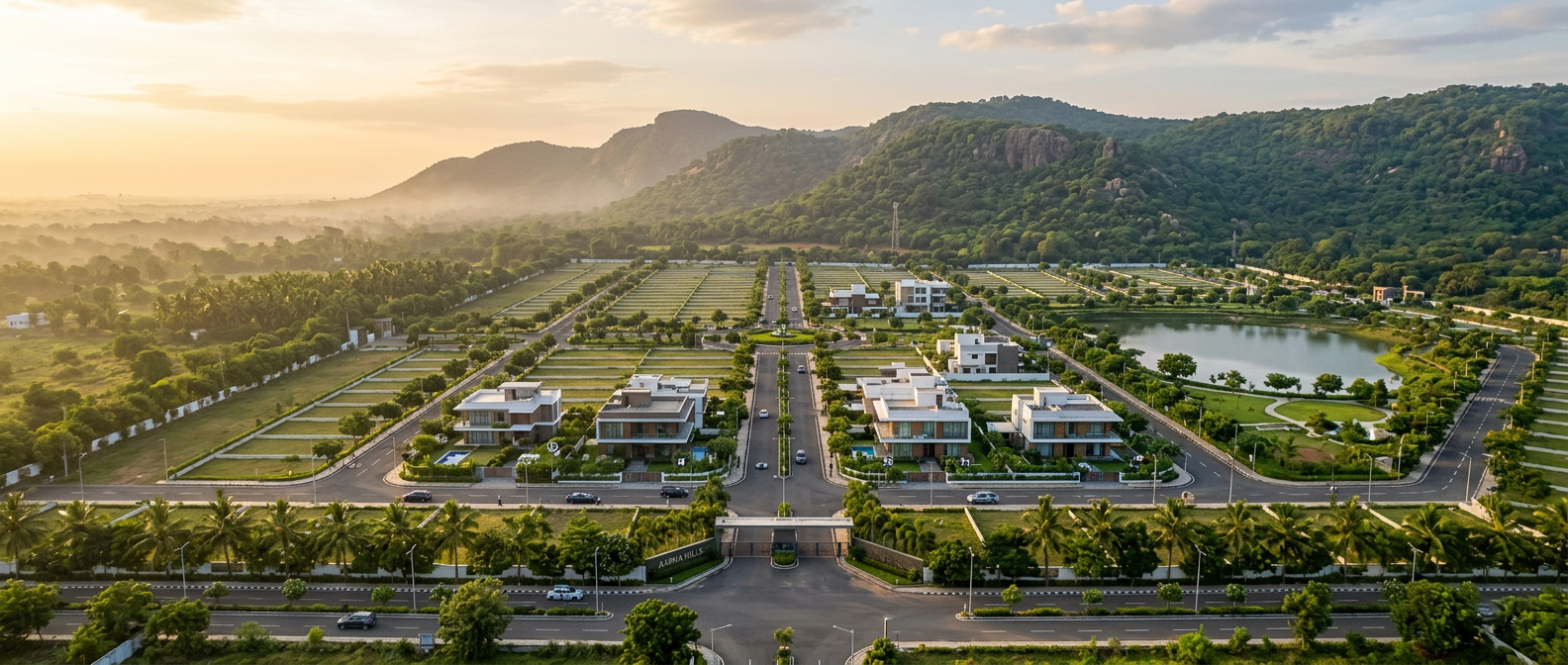 Aerial view of a gated villa plot community at golden hour with the Vandalur hills behind